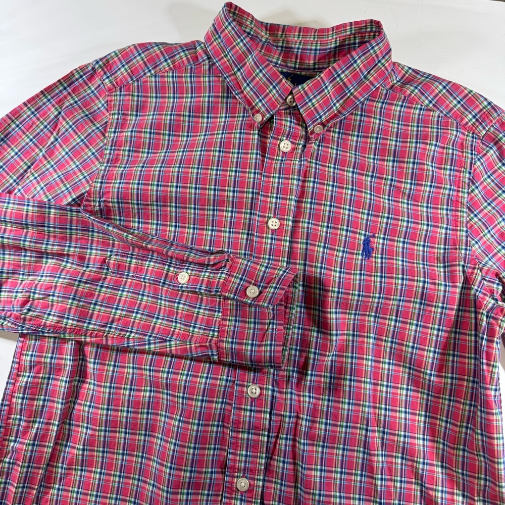 Ralph Lauren Boys Button Up Dress Shirt L 14-16 Plaid Pink Blue Polo Pony Logo